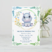 Invitation Cute Hippopotamus Flower Wreath 2e anniversaire (Debout devant)