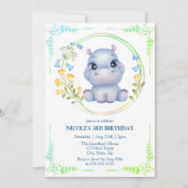 Invitation Cute Hippopotamus Flower Wreath 3e anniversaire (Devant)