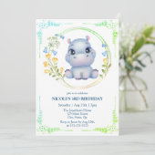 Invitation Cute Hippopotamus Flower Wreath 3e anniversaire (Debout devant)