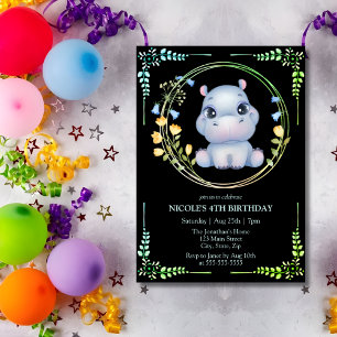 Invitation Cute Hippopotamus Flower Wreath 4e anniversaire No