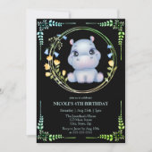 Invitation Cute Hippopotamus Flower Wreath 4e anniversaire No (Devant)