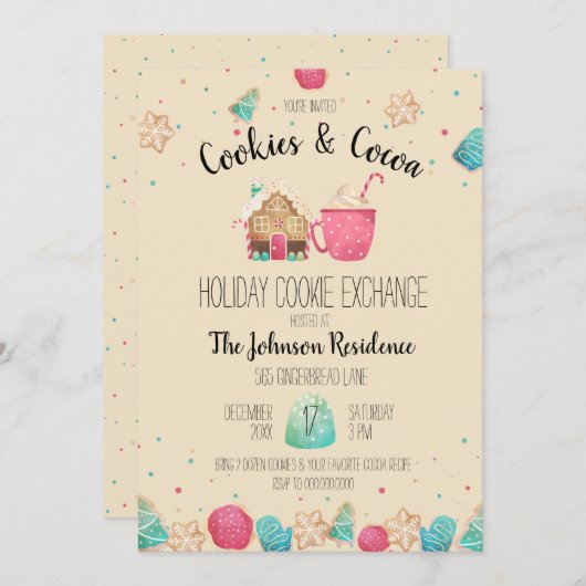 Invitation Cute Holiday Cookie Exchange Cookie & Cocoa Party (Devant / Derrière)