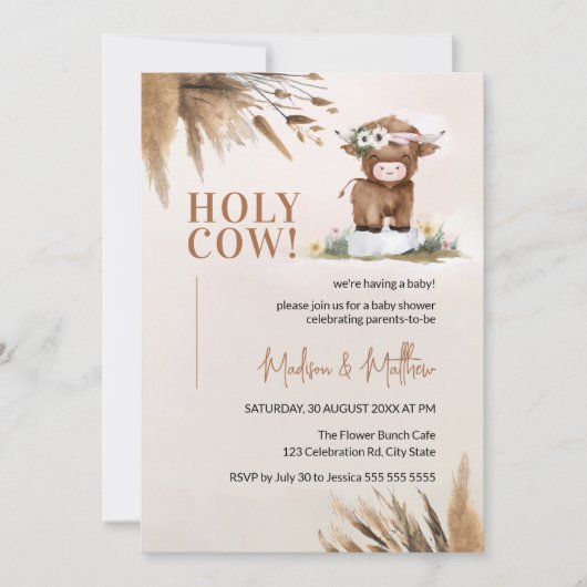 Invitation Cute Holy Cow Pampas Rustic Farm Baby shower (Devant)