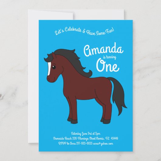 Invitation Cute Horse Enfants 1er Anniversaire Party Blue (Devant)