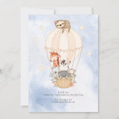 Invitation Cute Hot Air Balloon Giraffe Sloth Zebra Blue Boy (Dos)