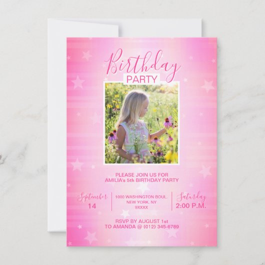 Invitation Cute Hot Rose Twinkle Stars Fille Anniversaire | P (Devant)