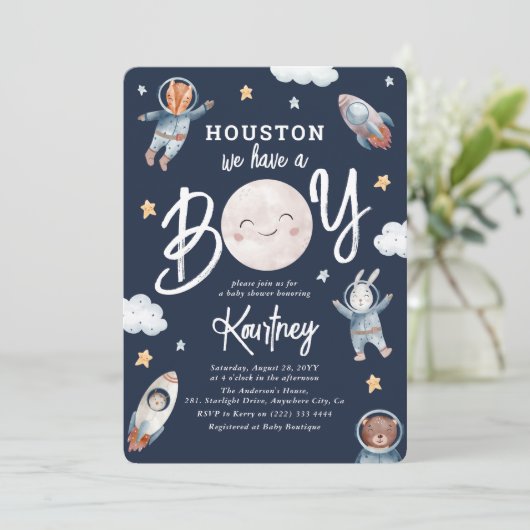 Invitation Cute 'Houston nous avons un garçon' Baby shower sp (Debout devant)