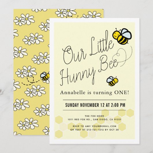 Invitation Cute Hunny Bee Jaune 1ère fête d'anniversaire (Devant / Derrière)