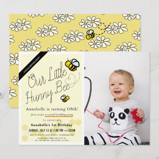 Invitation Cute Hunny Bee Yellow Photo 1er anniversaire virtu (Devant / Derrière)