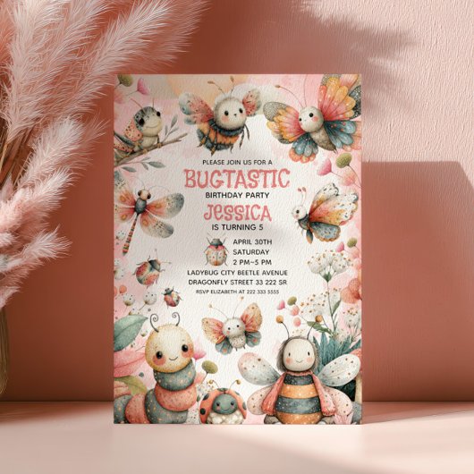Invitation Cute Insects Bugtastic rose fille Anniversaire de