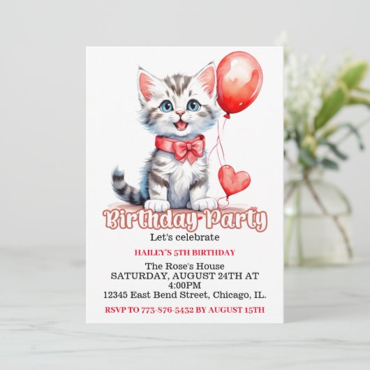 Invitation Cute Joueuse Kitty Chat Anniversaire (Debout devant)