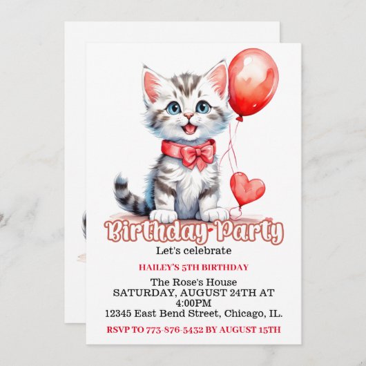 Invitation Cute Joueuse Kitty Chat Anniversaire (Devant / Derrière)