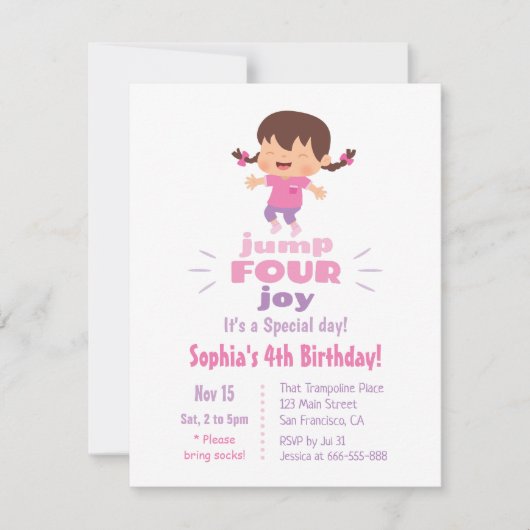 Invitation Cute Jump Four Joy Girls 4e fête d'anniversaire (Devant)