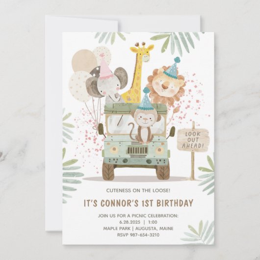 Invitation Cute Jungle Animaux 1er anniversaire (Devant)