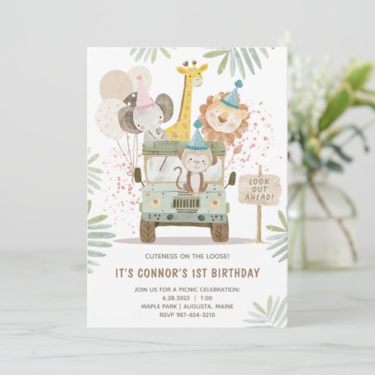 Invitation Cute Jungle Animaux 1er anniversaire (Debout devant)