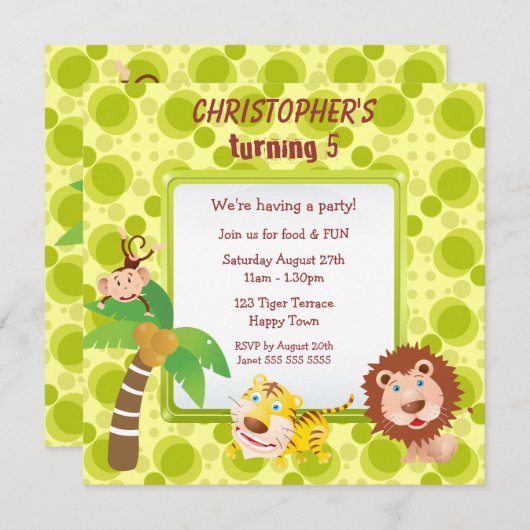 Invitation Cute Jungle Animaux Anniversaire (Devant / Derrière)