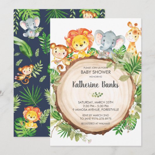 Invitation Cute Jungle Animaux Baby shower Verdure Safari (Devant / Derrière)