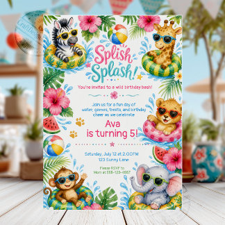 Invitation Cute Jungle Animaux Fête Piscine à Gogo Anniversai
