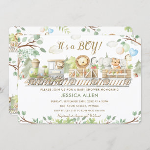Invitation Cute Jungle Animaux Train Baby shower de verdure
