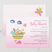 Invitation Cute Jungle Baby shower d'arche animal rose (Devant / Derrière)