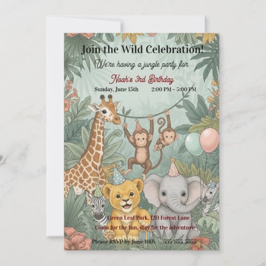 Invitation Cute Jungle Safari Animals Wild One 3rd Birthday  (Devant)