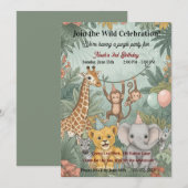 Invitation Cute Jungle Safari Animals Wild One 3rd Birthday  (Devant / Derrière)