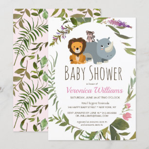 Invitation Cute Jungle Safari Animaux Baby shower rose Invita
