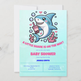 Invitation Cute Kawaii Boba Requin rose et Baby shower bleu