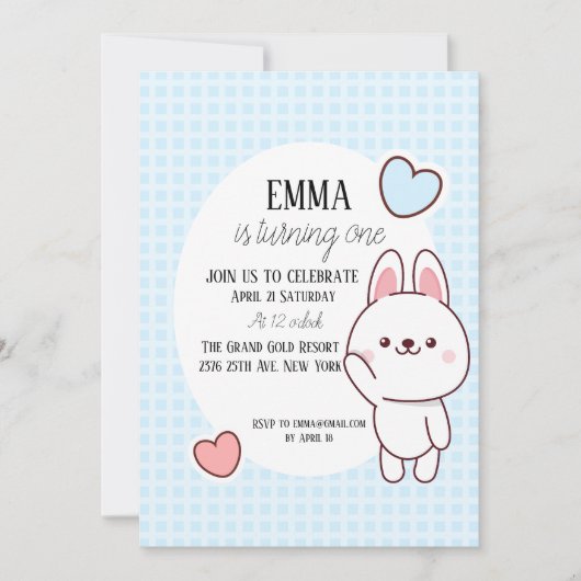 Invitation Cute Kawaii Bunny 1er anniversaire (Devant)