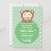 Invitation Cute Kawaii Cartoon Singe & Fleurs Anniversaire de (Devant)