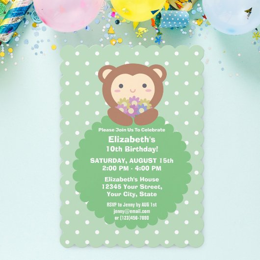 Invitation Cute Kawaii Cartoon Singe & Fleurs Anniversaire de