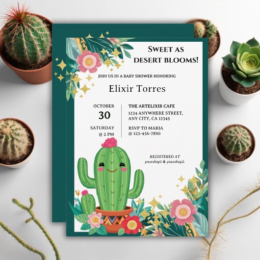 Invitation Cute Kawaii Désert Bloom Floral Cactus Baby shower