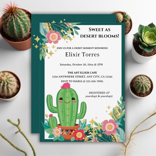 Invitation Cute Kawaii Désert Bloom Floral Cactus Baby shower
