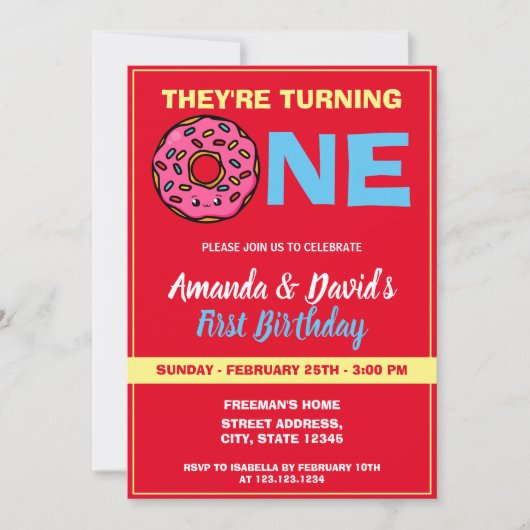 Invitation Cute Kawaii Donut Red Joint Twin 1er anniversaire (Devant)