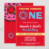 Invitation Cute Kawaii Donut Red Joint Twin 1er anniversaire (Devant / Derrière)