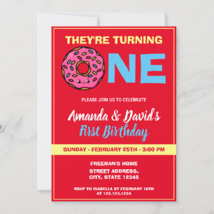 Invitation Cute Kawaii Donut Red Joint Twin 1er anniversaire