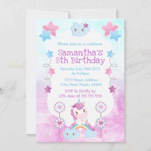 Invitation Cute Kawaii Dreamy Unicorn Rainbow Cloud (Devant)