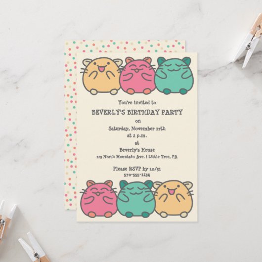 Invitation Cute Kawaii Style Hamsters de Dessin Personnalisé (Devant/Arrière en situation)