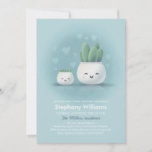 Invitation Cute Kawaii Succulent garçon Baby shower bleu Invi