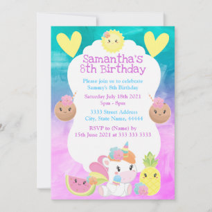 Invitation Cute Kawaii Summer Tropical Unicorn fête d'anniver