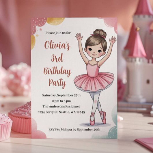 Invitation Cute Kids Ballerina 3e fête d'anniversaire