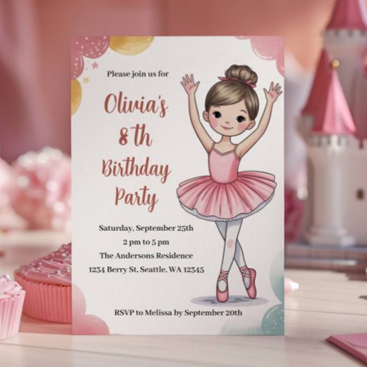Invitation Cute Kids Ballerina 8ème anniversaire