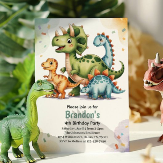 Invitation Cute Kids Dinosaur 4ème anniversaire