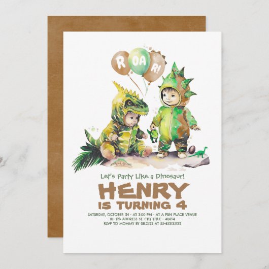 Invitation Cute Kids Dinosaur Anniversaire Vert et Brown (Devant / Derrière)
