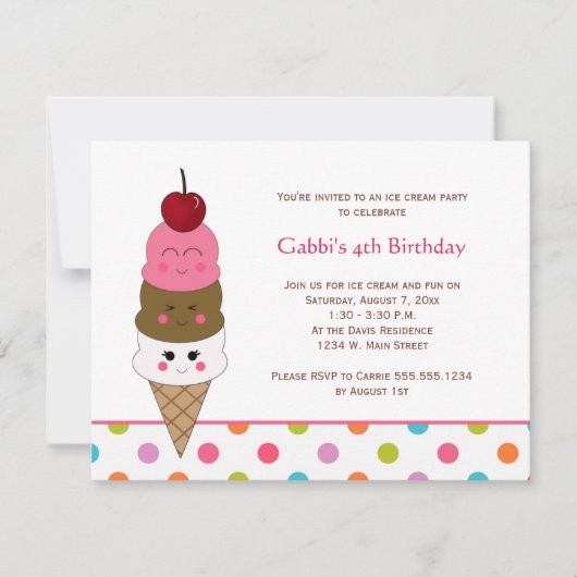 Invitation Cute Kids Kawaii Glace Cream Party (Devant)