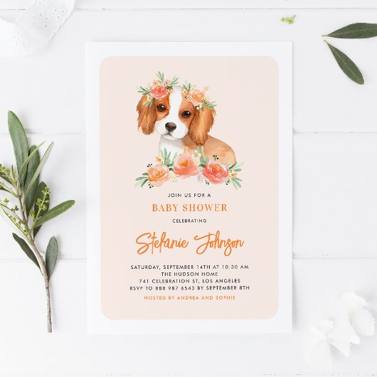 Invitation Cute King Charles Spaniel Pêche Baby shower Floral
