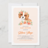 Invitation Cute King Charles Spaniel Pêche Baby shower Floral (Devant)