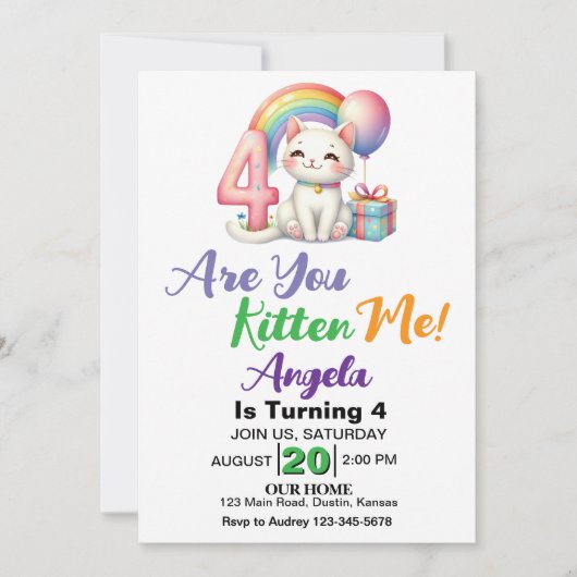 Invitation Cute Kitten 4e fête d'anniversaire (Devant)