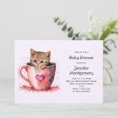 Invitation Cute Kitten Brown dans un Baby shower Teacup (Debout devant)
