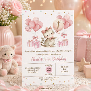 Invitation Cute Kitten Chat Ballons roses 1er 2e 3e anniversa